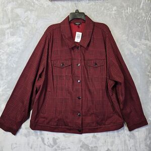 NWT TORRID Red Black Plaid Ponte Crop Trucker Jacket Womens 5 5x Nylon Rayon